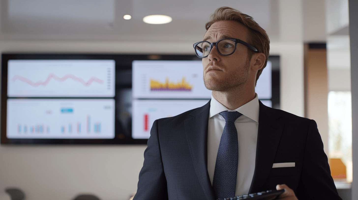 Elegant kostymklädd man i kontorsmiljö analyserar statistiska grafer på digital skärm, fokuserad och visionär. Framgångsrik och professionell atmosfär framhävs. Midcent – Ekonomi.
