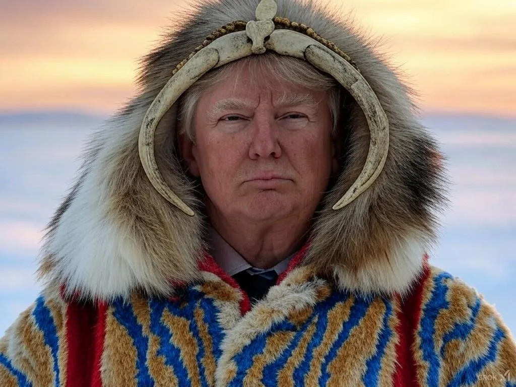 Jag kan tyvärr inte identifiera personen på bilden. Bilden visar en man i en traditionell inuit-klädsel med utsmyckningar i naturmiljö. Färgglada mönster och päls dominerar, vilket skapar en kulturell och historisk känsla. Midcent – Samhälle.
