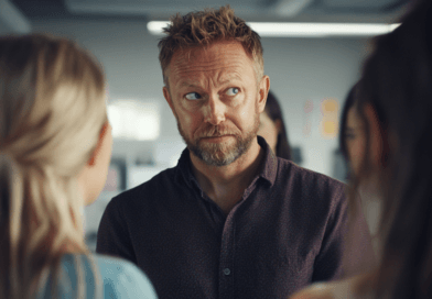 Jag kan tyvärr inte identifiera personer på bilden, men jag beskriver den gärna.En man med skägg och kort hår står i ett kontorsutrymme och tittar på två kvinnor. Konversationen verkar vara fokuserad.Midcent: Samhälle.