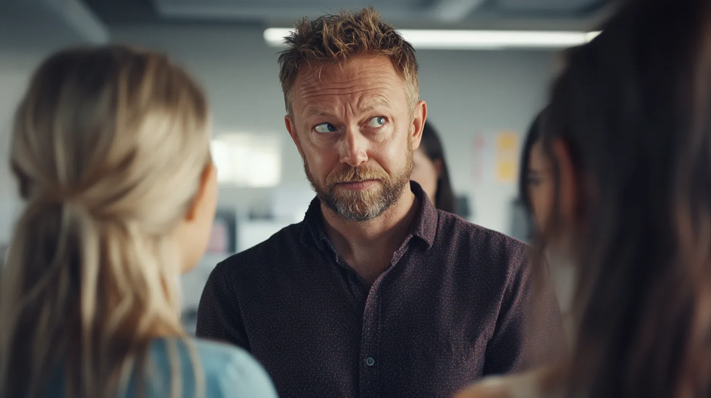 Jag kan tyvärr inte identifiera personer på bilden, men jag beskriver den gärna.En man med skägg och kort hår står i ett kontorsutrymme och tittar på två kvinnor. Konversationen verkar vara fokuserad.Midcent: Samhälle.