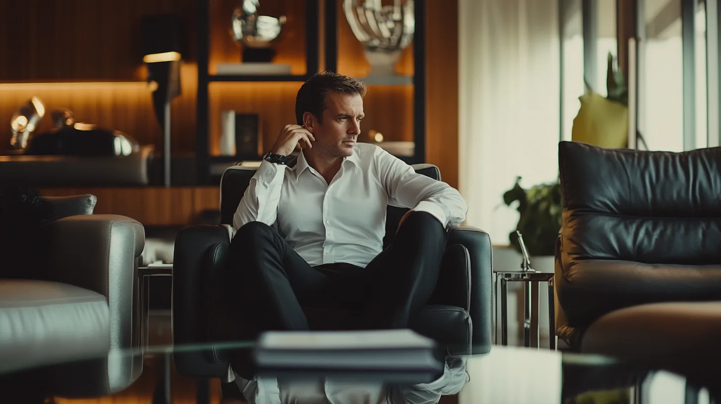 Elegant interiör med fokus på en man i kostym som sitter i en modern loungemiljö. Perfekt komposition av lyxiga detaljer och sofistikerad stil. Midcent. Kategori: Samhälle.