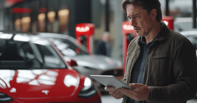 Midcent - Teknik: En man med surfplatta granskar en röd elbil vid laddstationer. Bilden fångar framtidens transportinnovation och teknisk utveckling inom elbilsindustrin, med fokus på hållbarhet och smarta lösningar. Perfekt för teknik- och bilentusiaster.