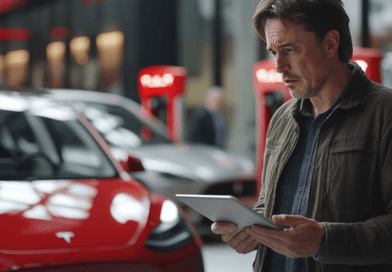 Midcent - Teknik: En man med surfplatta granskar en röd elbil vid laddstationer. Bilden fångar framtidens transportinnovation och teknisk utveckling inom elbilsindustrin, med fokus på hållbarhet och smarta lösningar. Perfekt för teknik- och bilentusiaster.