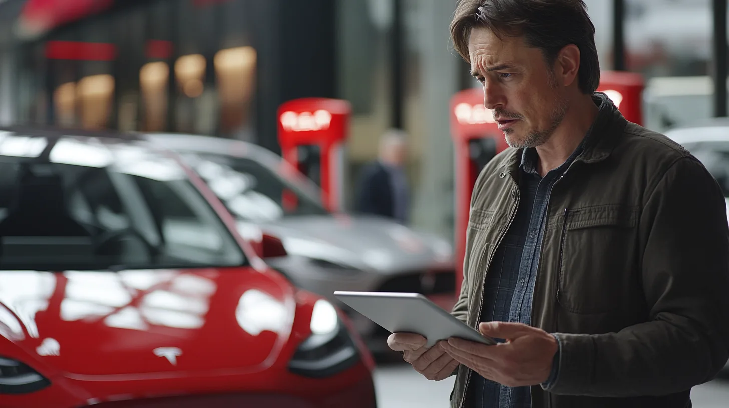 Midcent - Teknik: En man med surfplatta granskar en röd elbil vid laddstationer. Bilden fångar framtidens transportinnovation och teknisk utveckling inom elbilsindustrin, med fokus på hållbarhet och smarta lösningar. Perfekt för teknik- och bilentusiaster.