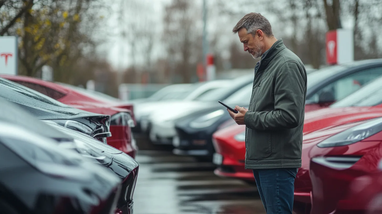 Midcent: Teknik. En man inspekterar moderna elbilar på en bilparkering och använder en smartphone för information eller köpbeslut. Bilarna, i varierande färger, står i rad en regnig dag. Perfekt för bilentusiaster och teknikintresserade.