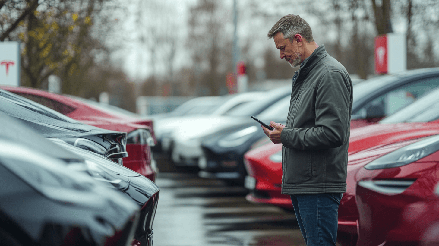 Midcent: Teknik. En man inspekterar moderna elbilar på en bilparkering och använder en smartphone för information eller köpbeslut. Bilarna, i varierande färger, står i rad en regnig dag. Perfekt för bilentusiaster och teknikintresserade.