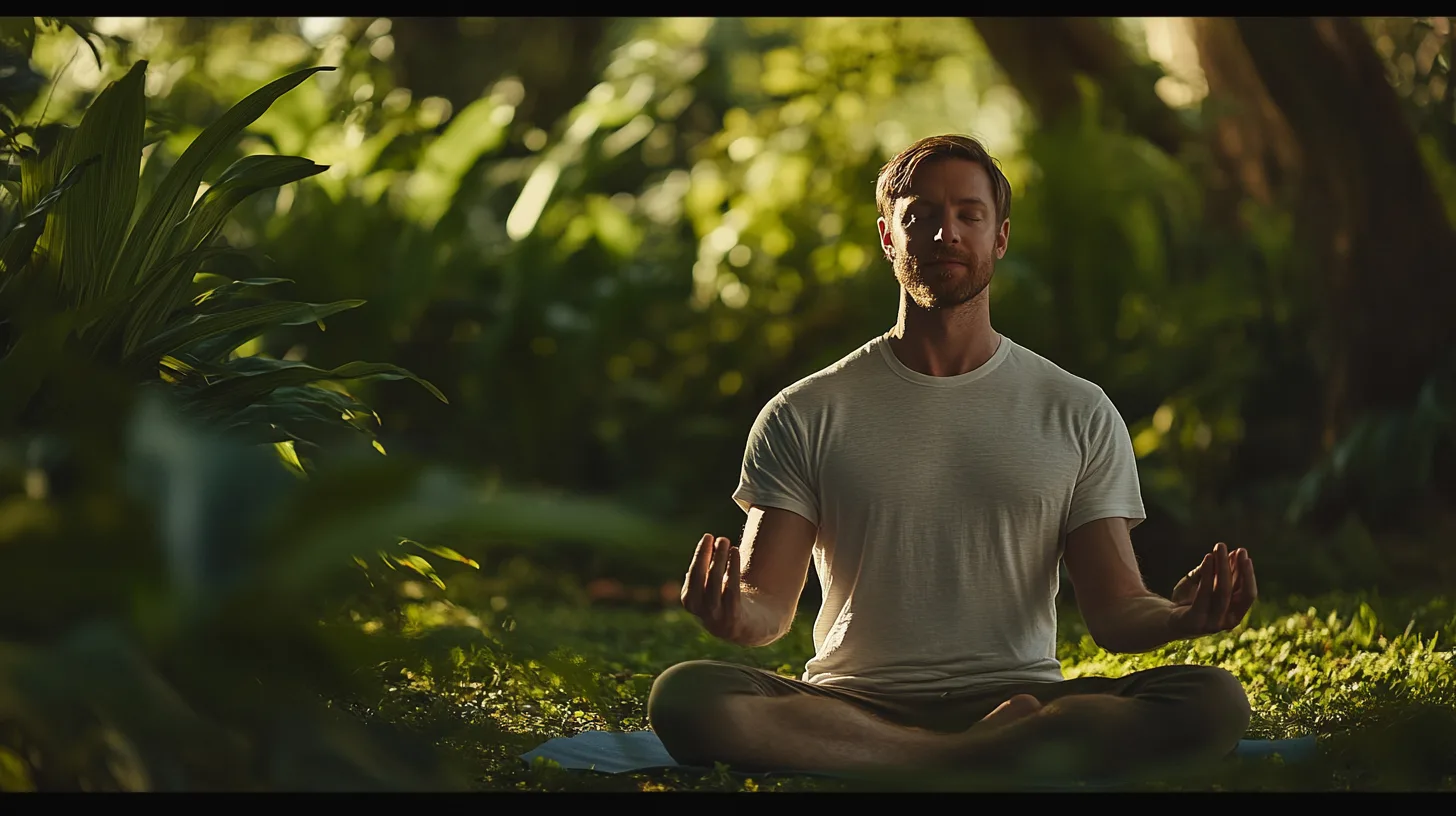 Midcent: Upplev mindfulness och inre lugn med meditation i naturen. En person sitter i en meditativ position i grönskande omgivningar, omgiven av solstrålar och fridfullhet. Perfekt för stressreducering och välbefinnande. Kategori: Hälsa.