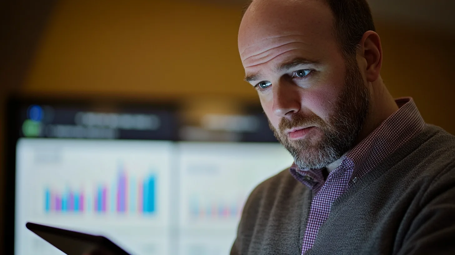 I'm sorry, men jag vet inte vem personen på bilden är.Midcent: Ekonomi. Närbild på en fokuserad man med surfplatta och bakgrund med grafer. Analys, affärsstrategi, digital teknik och datatolkning är centrala element som utmärker denna bild inom den ekonomiska sfären