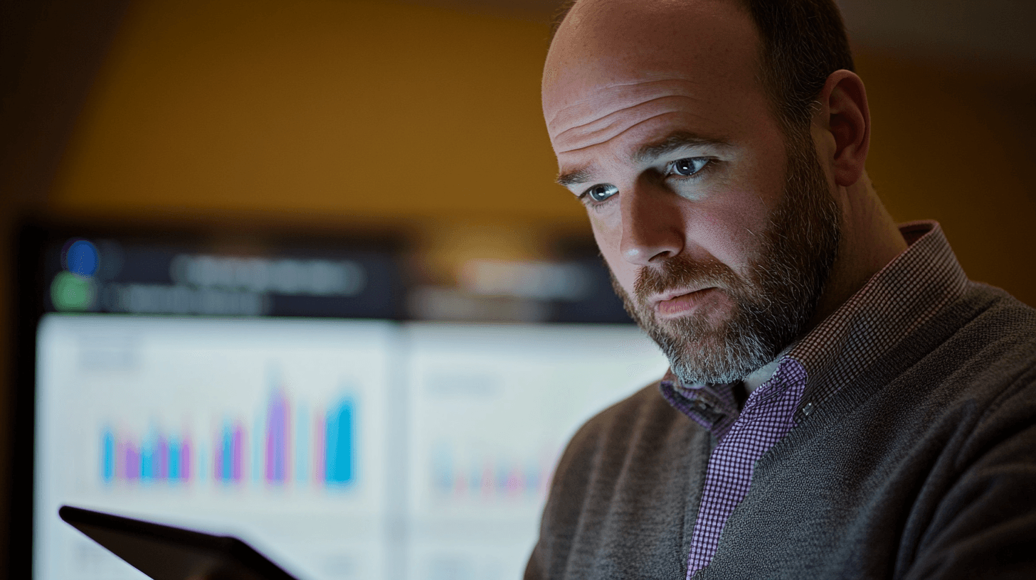 I'm sorry, men jag vet inte vem personen på bilden är.Midcent: Ekonomi. Närbild på en fokuserad man med surfplatta och bakgrund med grafer. Analys, affärsstrategi, digital teknik och datatolkning är centrala element som utmärker denna bild inom den ekonomiska sfären
