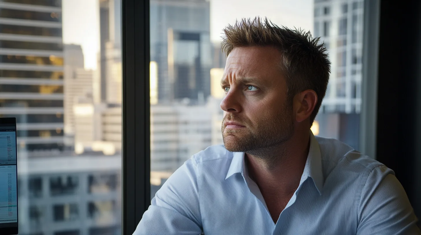 Midcent: En man sitter tankfull vid ett kontorsfönster med urban bakgrund. Hans uttryck speglar eftertanke och kanske beslutsamhet, medan moderna skyskrapor skymtas utanför. Kategorin är Ekonomi.