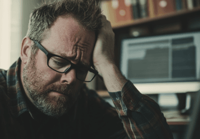 Midcent - En frustrerad man med glasögon i avslappnad skjorta sitter vid dator, trött och stressad. Inomhusmiljö med fokus på stress och utbrändhet på arbetsplatsen. Perfekt för artiklar om mental hälsa och arbetslivsbalans.Kategori: Hälsa.