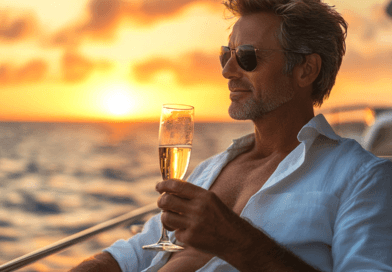 Midcent, Resa: Elegant livsstil på lyxjakt under solnedgång. En man i solglasögon njuter av champagne med en bakgrund av hav och färgglad himmel. Avkopplande stämning och exklusiv semestermiljö framhävs i detta harmoniska ögonblick.