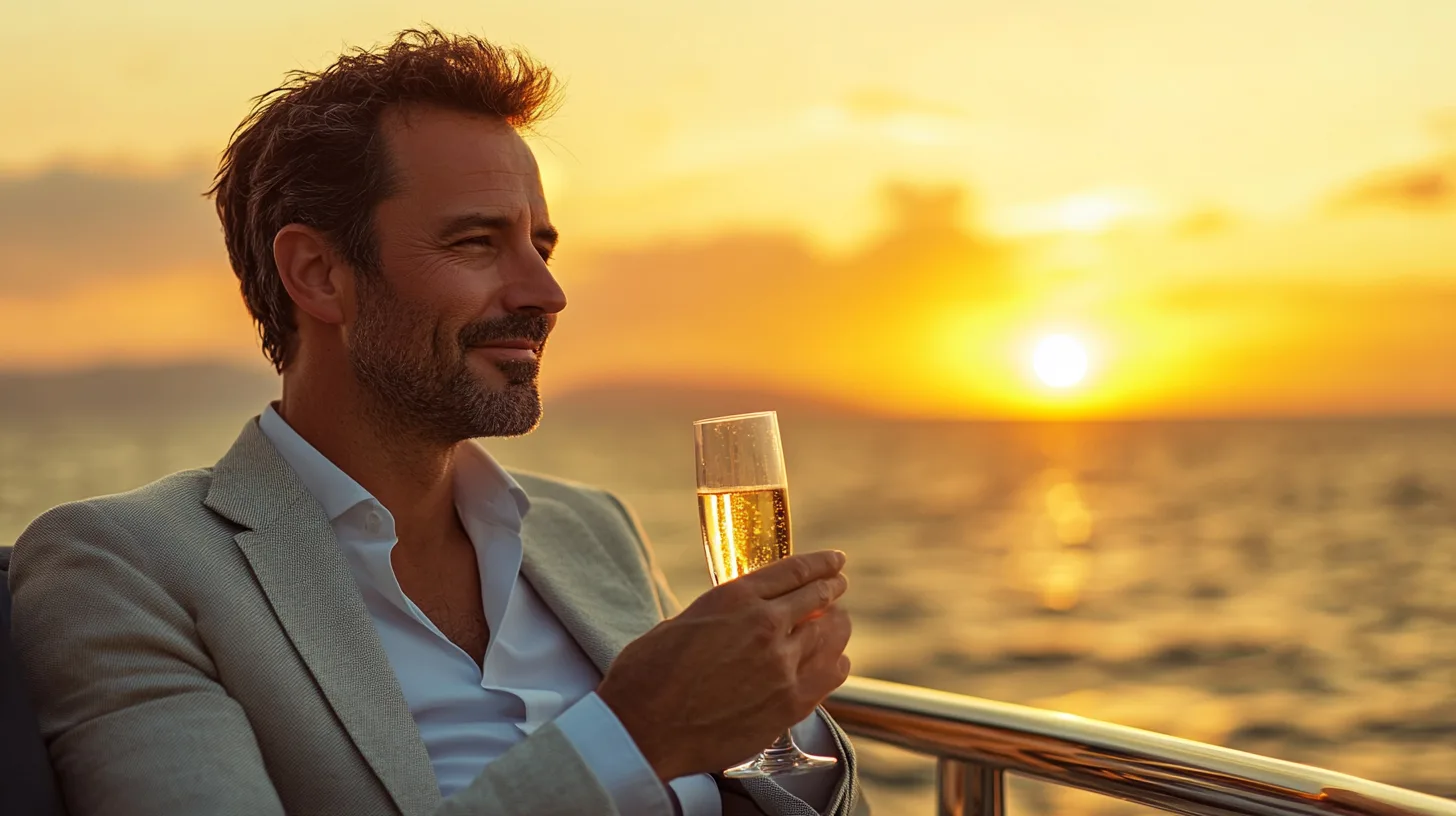 Midcent: En man i kostym håller ett champagneglas på en yacht vid solnedgång, symboliserar lyx och avkoppling. Vackra färger och hav i bakgrunden skapar en stämningsfull atmosfär. Resa.