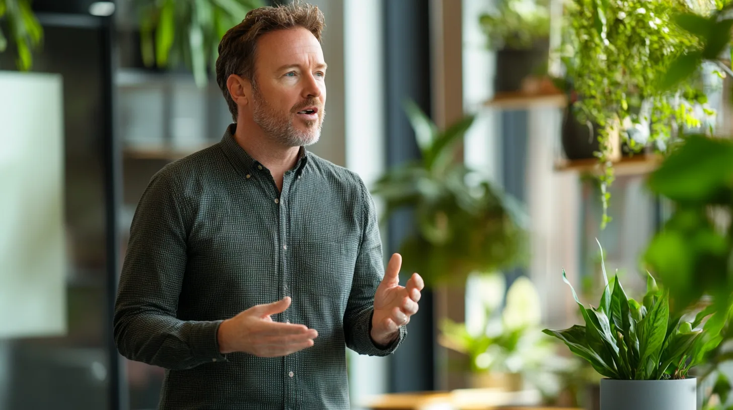 Midcent presenterar en avslappnad interiör med frodig grönska, där en man gestikulerar engagerat. Fokus på miljövänliga kontorslösningar och naturlig inredning. Harmoniskt och inspirerande arbetsrum för kreativitet och produktivitet.Kategori: Samhälle.