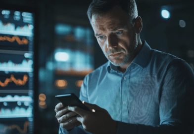 Man i kontorsmiljö studerar intensivt grafer på skärm och mobiltelefon. Fokus på finansanalys och beslutsfattande, vilket indikerar viktiga ekonomiska trender och teknisk utveckling. Perfekt illustration av digitalt arbetsliv.Midcent: Ekonomi.