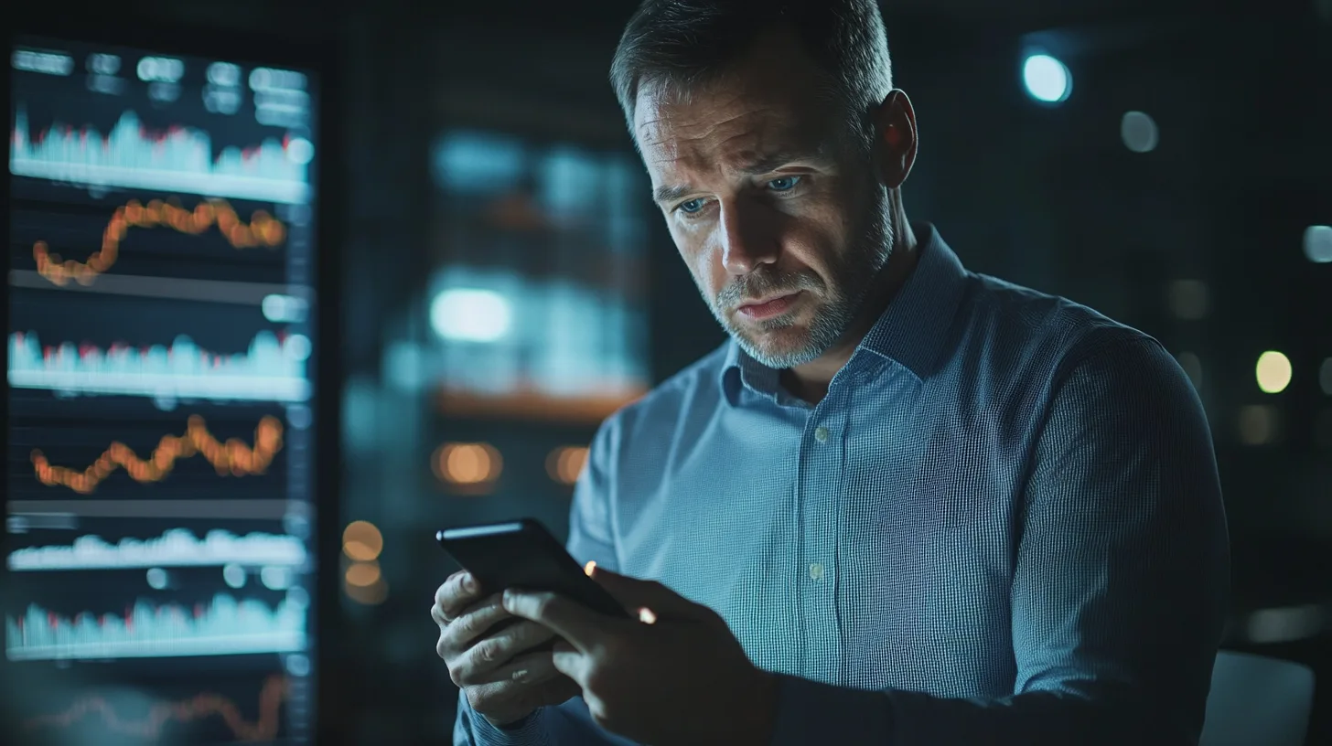 Man i kontorsmiljö studerar intensivt grafer på skärm och mobiltelefon. Fokus på finansanalys och beslutsfattande, vilket indikerar viktiga ekonomiska trender och teknisk utveckling. Perfekt illustration av digitalt arbetsliv.Midcent: Ekonomi.