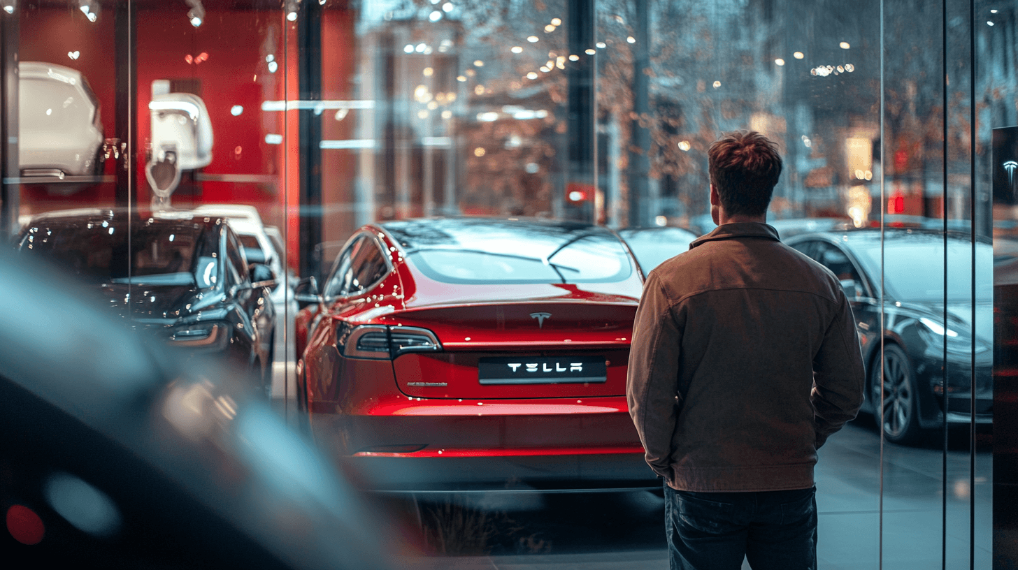 Midcent presenterar en spännande inblick i elbilsvärlden. En man beundrar moderna Teslamodeller genom ett glasfönster i en elegant bilbutik. Bilden förmedlar innovation och framtidens bilteknik. Kategori: Teknik.