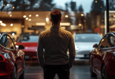 Midcent Teknik: Mannen står i bilshowroom omgiven av moderna, eleganta fordon. Innovativ design och framtidens teknologi framhävs, vilket lockar bilentusiaster och teknikfantaster till denna inspirerande miljö.