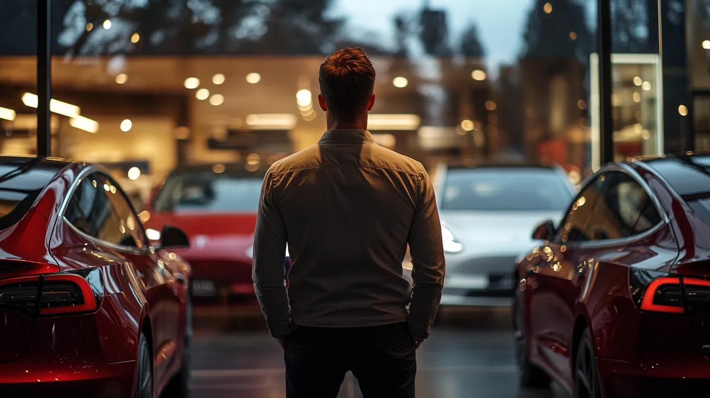 Midcent Teknik: Mannen står i bilshowroom omgiven av moderna, eleganta fordon. Innovativ design och framtidens teknologi framhävs, vilket lockar bilentusiaster och teknikfantaster till denna inspirerande miljö.