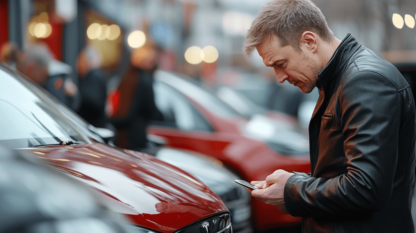 En man i läderjacka inspekterar en modern elbil, omgiven av andra bilar på en livlig gata. Han använder en smartphone, vilket antyder fokus på teknologi och mobilitet. Midcent - Teknik.