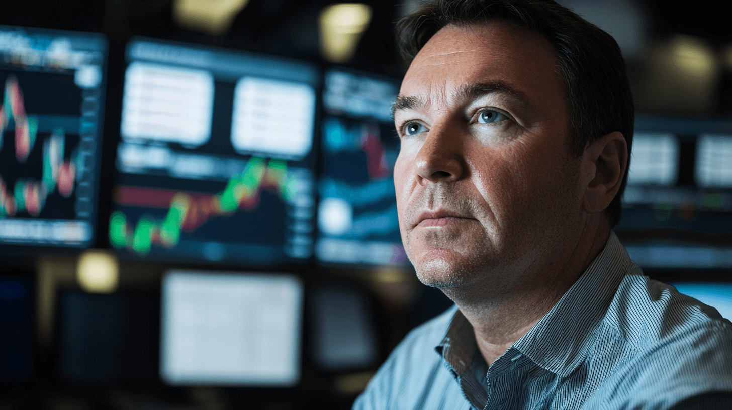 Midcent: Professionell analys av finansmarknader. Fokuserad man framför skärmar med aktiediagram representerar strategisk investering och ekonomisk tillväxt. Perfekt för artiklar om börshandel och ekonomisk strategi. Nyckelord: finans, aktier, investeringar, marknadsanalys. K