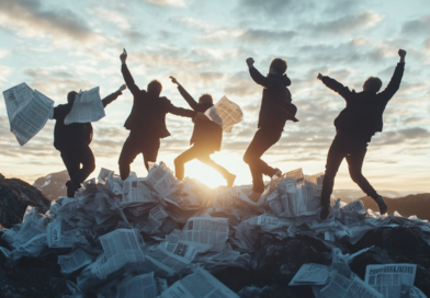 Midcent: En grupp människor firar på en hög av tidningar i solnedgången, symboliserande glädje och framgång. Perfekt för teman inom inspiration och motivation. Kategori: Samhälle.