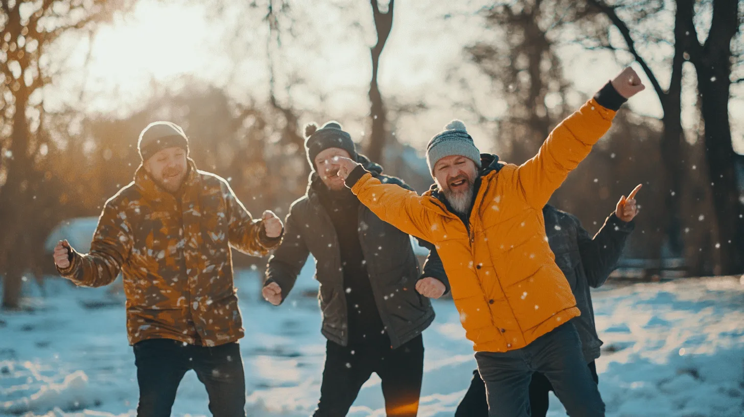 Midcent: Fyra män glada i vinterscen, snötäckta träd i bakgrunden, klädda i varma jackor och mössor, livfull atmosfär. Njutning av vintertid utomhus, fångar glädje och gemenskap. Perfekt för vinterutflykter