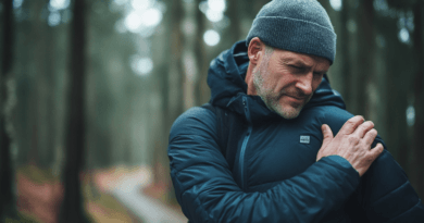 Midcent Hälsa: En man i vinterjacka promenerar i en dimmig skog och klappar sig om axeln som ett tecken på smärta eller obehag. Fokuserad på hälsa och välbefinnande i naturmiljö. Perfekt för artiklar om motion och friskvård.