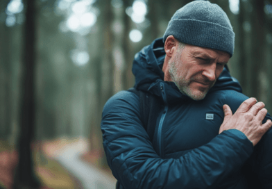 Midcent Hälsa: En man i vinterjacka promenerar i en dimmig skog och klappar sig om axeln som ett tecken på smärta eller obehag. Fokuserad på hälsa och välbefinnande i naturmiljö. Perfekt för artiklar om motion och friskvård.