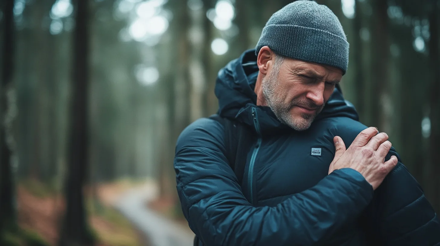 Midcent Hälsa: En man i vinterjacka promenerar i en dimmig skog och klappar sig om axeln som ett tecken på smärta eller obehag. Fokuserad på hälsa och välbefinnande i naturmiljö. Perfekt för artiklar om motion och friskvård.