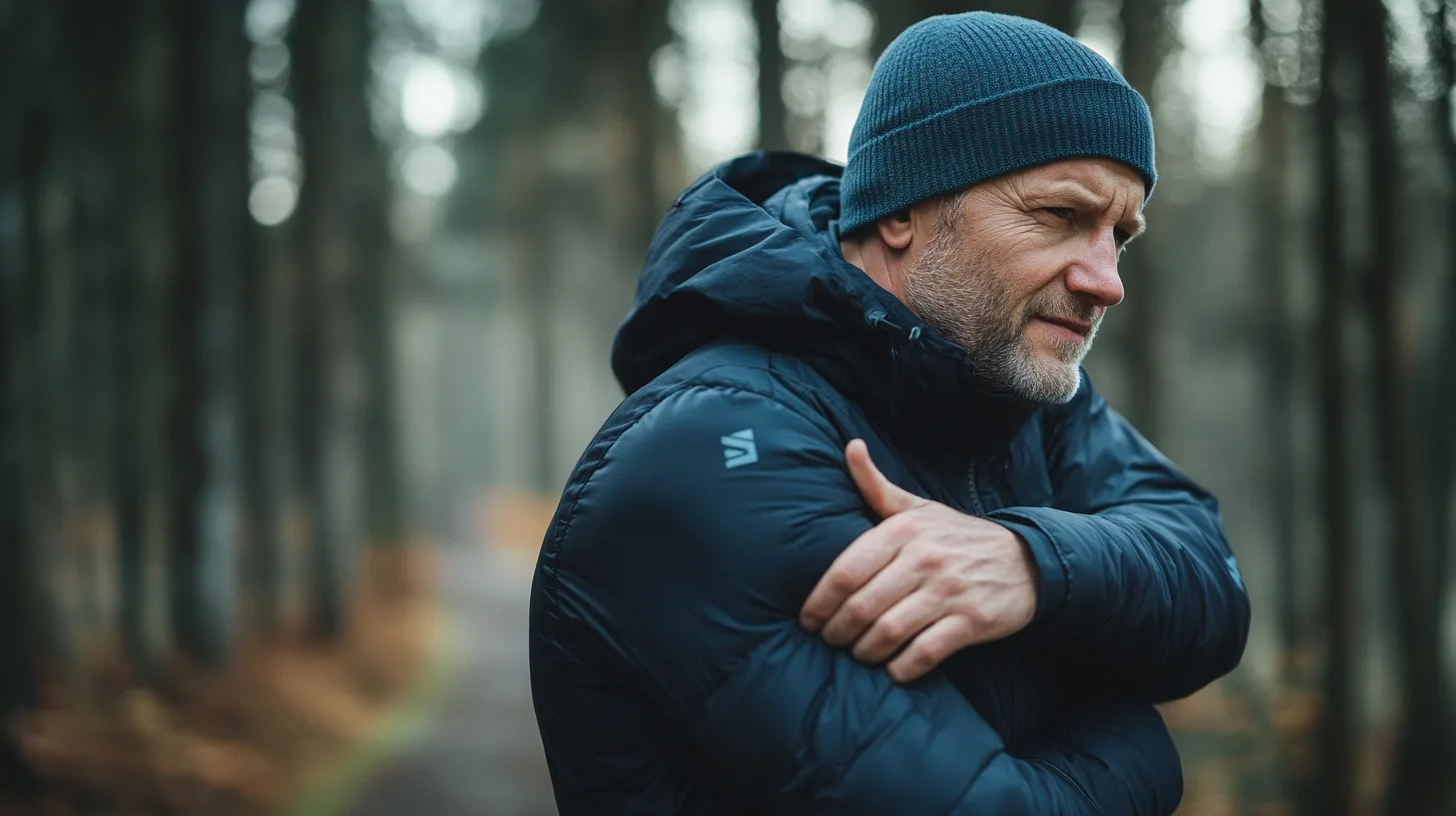 Midcent: En man klädd i en mörk jacka och mössa står i en skogsmiljö, upplever en kall, stilla dag. Han visar tecken på eftertanke och introspektion, kanske reflekterar över livet. Hälsa.