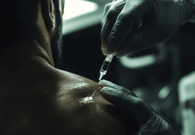 Midcent: En närbild av en person som får en injektion i axeln. Den professionella omsorgen och steriliteten framtonas med handskar och spruta i fokus. Relaterat till vård och hälsa. Kategori: Hälsa.