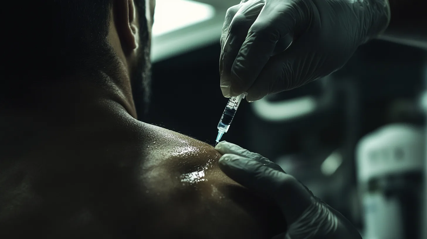 Midcent: En närbild av en person som får en injektion i axeln. Den professionella omsorgen och steriliteten framtonas med handskar och spruta i fokus. Relaterat till vård och hälsa. Kategori: Hälsa.