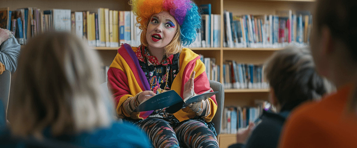 Midcent: En färgglad person med regnbågsperuk läser en bok för barn i ett bibliotek. Kreativ klädsel och ett engagerande uttryck främjar läsglädje och fantasifull berättarkonst bland åhörarna. Underhållning.