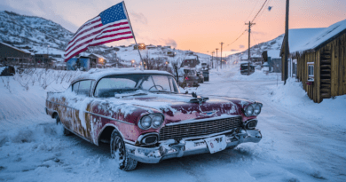 Klassisk bil täckt av snö på en vintrig gata, med en amerikansk flagga i bakgrunden. Den stämningsfulla gryningshimlen och snölandskapet skapar en nostalgisk känsla. Midcent – Resa.
