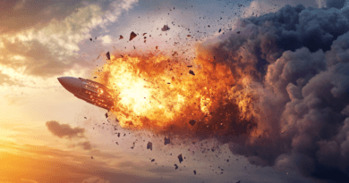 Midcent: Spektakulär explosion fångad i ögonblicket, där ett rymdfarkostfragment sprider eld och rök mot en dramatisk himmel. Teknologi och innovation möter dramatik och risk i denna visuellt slående bild. Teknik.