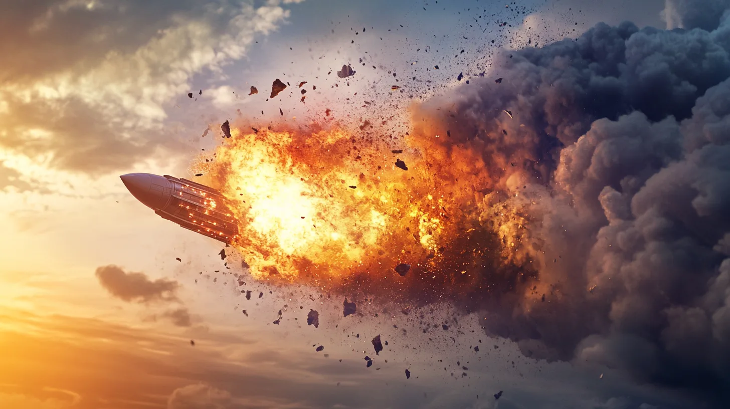Midcent: Spektakulär explosion fångad i ögonblicket, där ett rymdfarkostfragment sprider eld och rök mot en dramatisk himmel. Teknologi och innovation möter dramatik och risk i denna visuellt slående bild. Teknik.