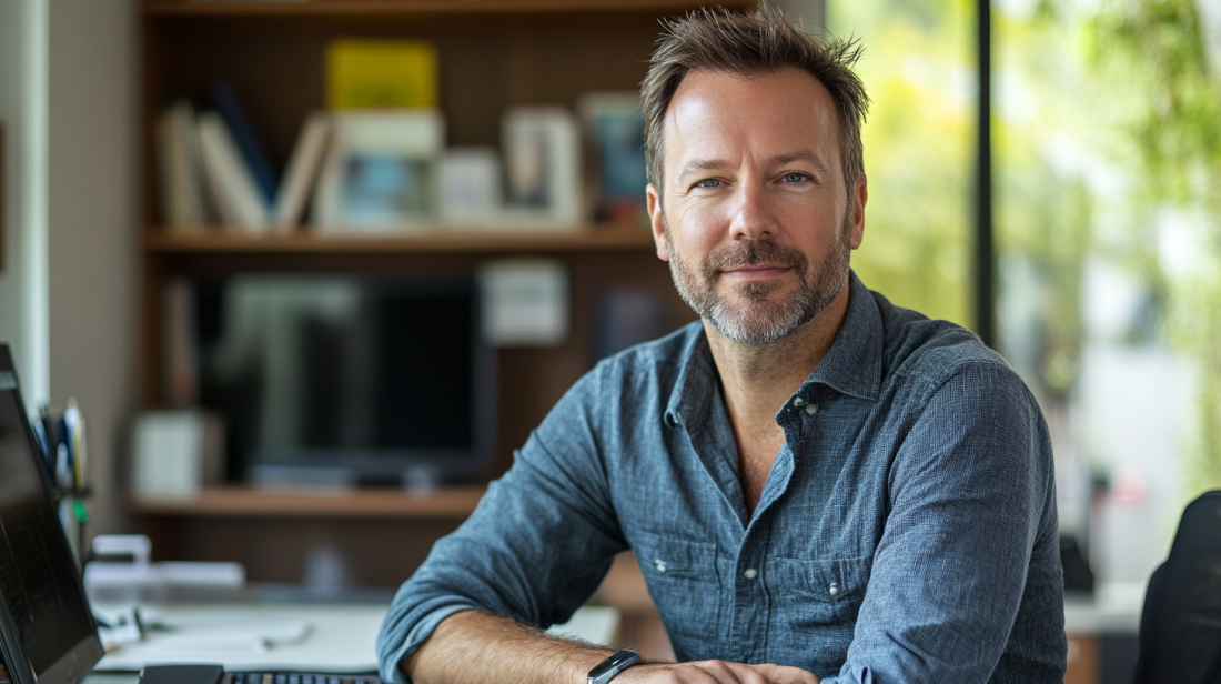 Midcent - Porträtt av en professionell man i modern kontorsmiljö. Inredning med bokhylla och dator i bakgrunden skapar en produktiv atmosfär. Passande för presentationer inom affärsvärlden. Kategori: Ekonomi.