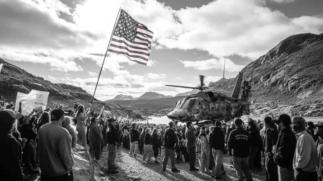 Helikopterlandning bland berg och människor med högt flygande flagga i en dramatisk och inspirerande scen. Midcent: Samhälle.