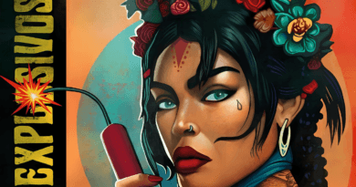 Midcent Underhållning: Färgstark illustration av en kvinna med blommor i håret och en dynamitstav i handen. Levande färger och uttrycksfullt ansikte framhäver en känsla av dramatik och spänning.