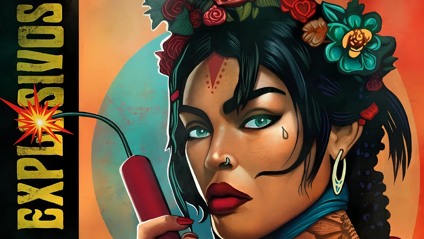 Midcent Underhållning: Färgstark illustration av en kvinna med blommor i håret och en dynamitstav i handen. Levande färger och uttrycksfullt ansikte framhäver en känsla av dramatik och spänning.