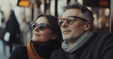 Midcent presenterar stil och elegans i vintermiljö. Två personer iklädda trendiga solglasögon njuter av stadslivet, vilket inspirerar till urban livsstil och sofistikerad mode. Perfekt för dem som söker inspiration. Kategori: Samhälle.