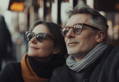 Midcent presenterar stil och elegans i vintermiljö. Två personer iklädda trendiga solglasögon njuter av stadslivet, vilket inspirerar till urban livsstil och sofistikerad mode. Perfekt för dem som söker inspiration. Kategori: Samhälle.