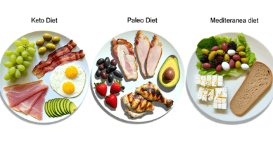 Midcent: En visuell jämförelse av tre populära dieter; Keto, Paleo och Medelhavsdiet. Bilden illustrerar olika kostval, inklusive ägg, kyckling och avokado, för hälso- och dietentusiaster. Kategori: Mat.
