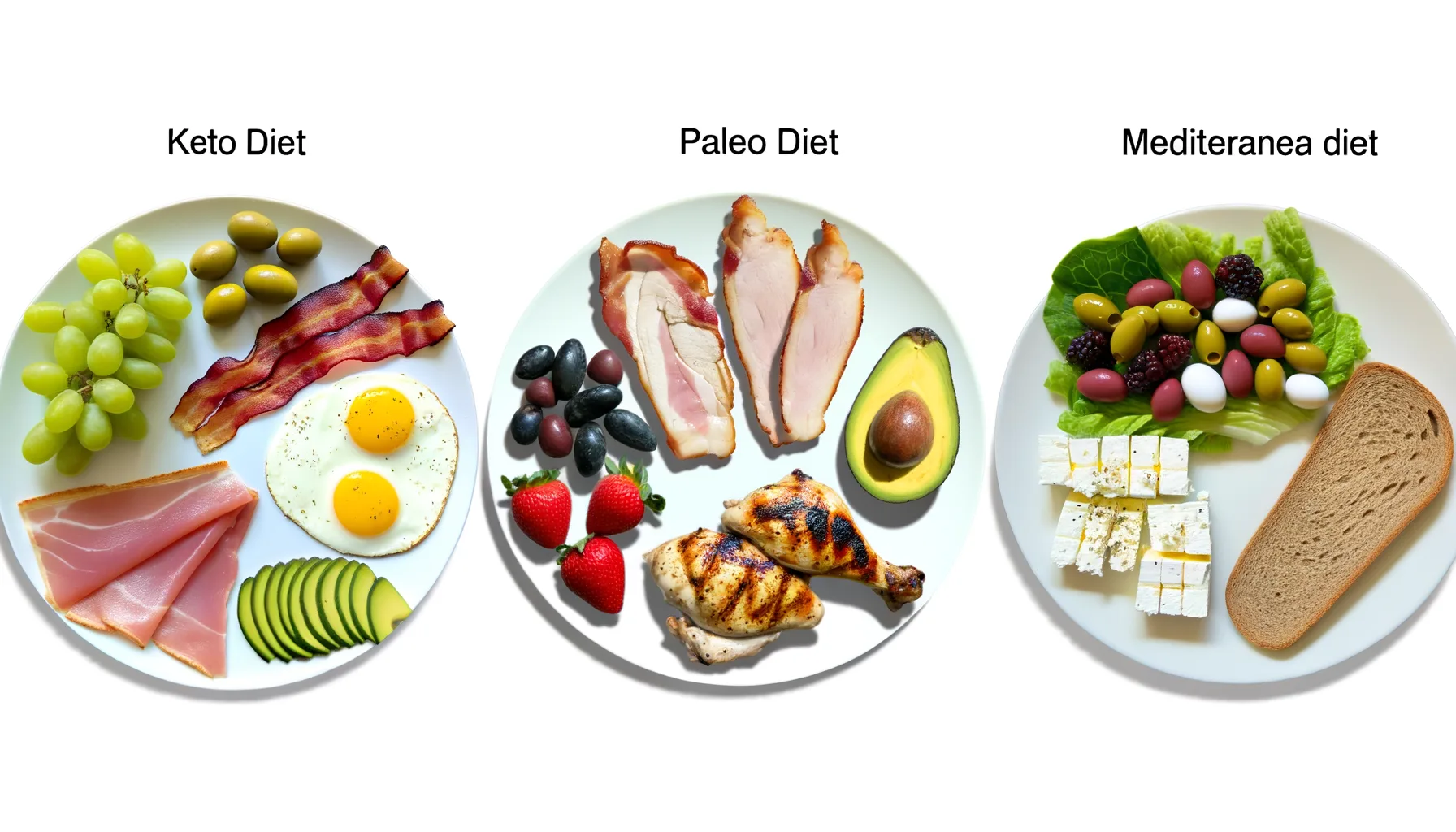 Midcent: En visuell jämförelse av tre populära dieter; Keto, Paleo och Medelhavsdiet. Bilden illustrerar olika kostval, inklusive ägg, kyckling och avokado, för hälso- och dietentusiaster. Kategori: Mat.