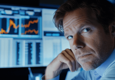 Midcent: En medelålders man framför datorskärmar med grafer och statistik som analyserar ekonomiska data. Mannen är djupt fokuserad och miljön verkar professionell, vilket indikerar finanssektorn. Kategori: Ekonomi.