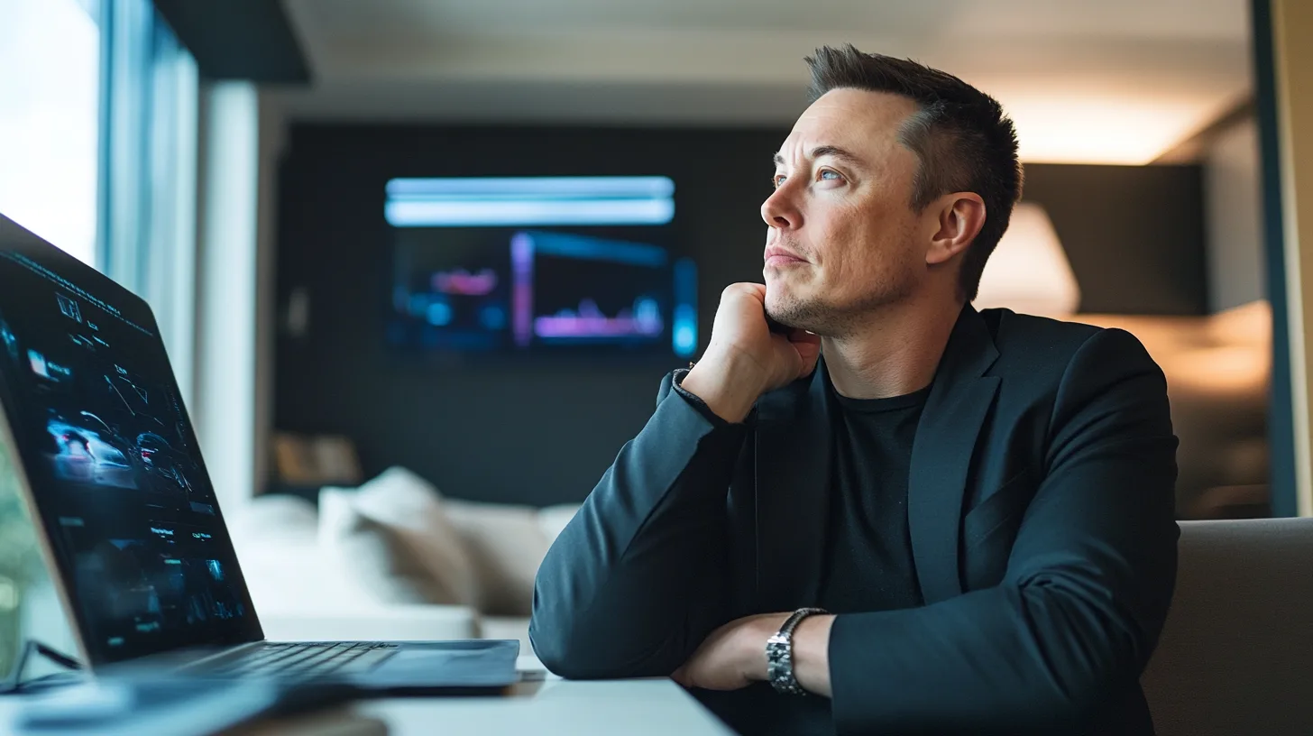 Midcent: En medelålders man sitter vid en dator och funderar över sina investeringar. Skärmar i bakgrunden visar olika grafer och data. Businessomgivning med fokus på marknadsanalyser.Kategori: Ekonomi.