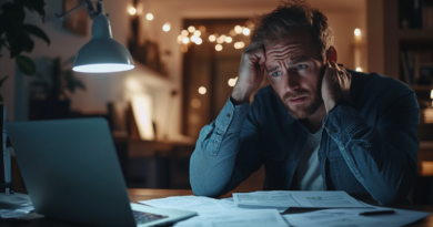 Midcent - Ekonomi: En stressad man sitter vid en bärbar dator omgiven av papper och dokument i ett svagt upplyst rum. Han ser bekymrad ut, vilket antyder ekonomiska bekymmer eller arbete under press.