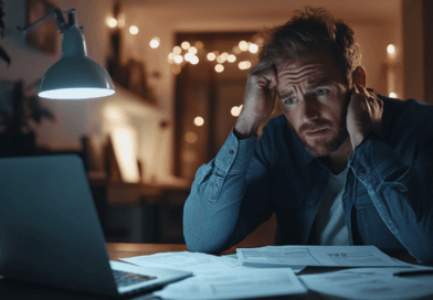 Midcent - Ekonomi: En stressad man sitter vid en bärbar dator omgiven av papper och dokument i ett svagt upplyst rum. Han ser bekymrad ut, vilket antyder ekonomiska bekymmer eller arbete under press.