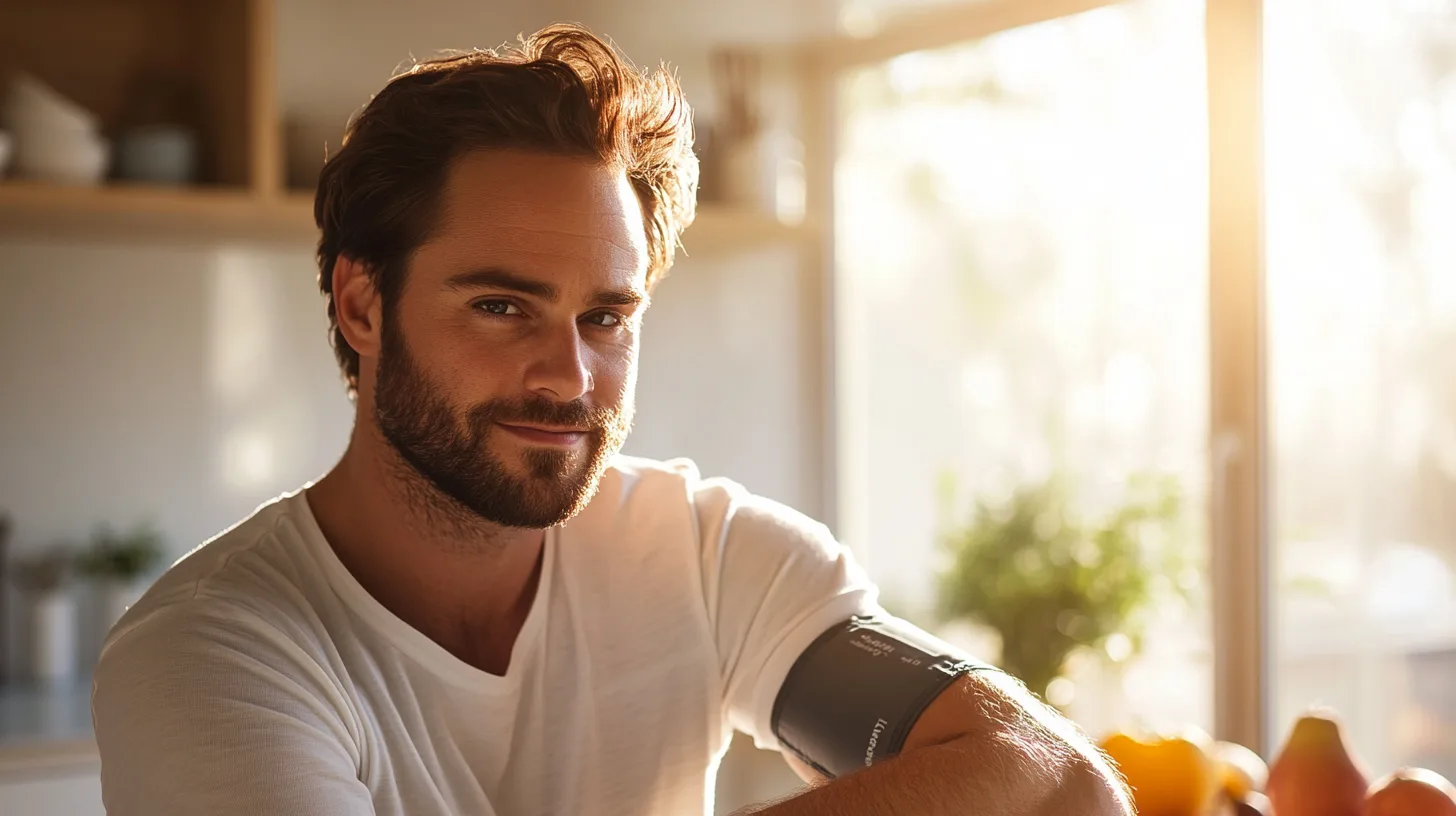 Midcent – En avslappnad man i soligt kök med blodtrycksmätare på armen, symboliserar hälsa och välmående. Fokuserad på en balanserad livsstil. ### Hälsa